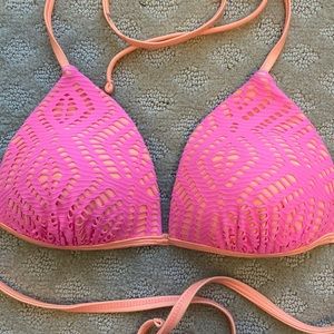 SO Orange triangle bikini top with pink overlay. S